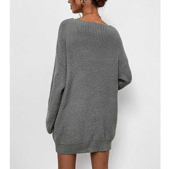 🐑 GREY BRAIDED KNIT V NECK SWEATER DRESS! - Picture 3 of 12